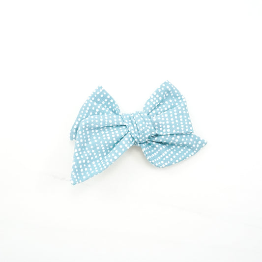 Handtied Fabric Bow - Ready to Ship (clip attached, see description) - Tealish Blue Snowfall
