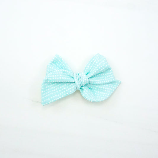 Handtied Fabric Bow - Ready to Ship (clip attached, see description) - Mint Green Snowfall