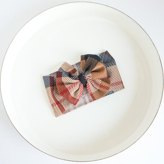 Messy Headwrap - Cranberry + Brown Taupe Tartan