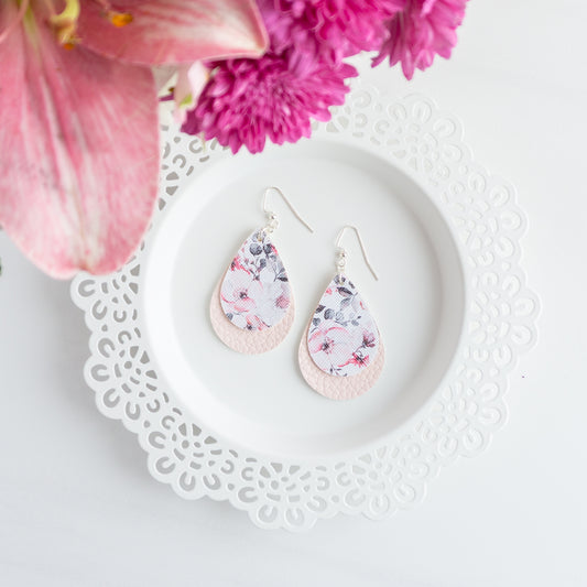 Pink Floral Large Layered Teardrop Earrings