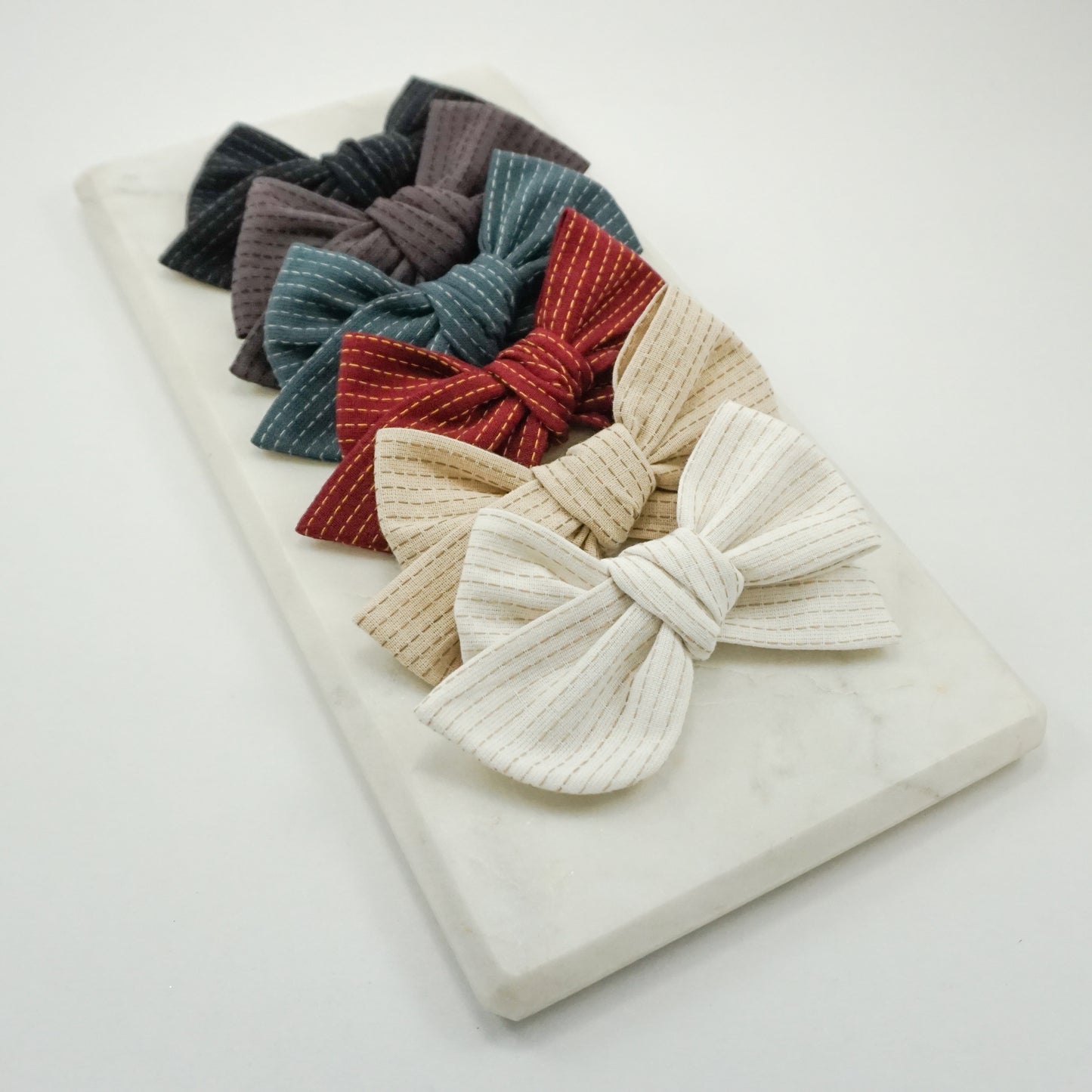 Handtied Fabric Bow - Blue Suede Topstitch Embroidered