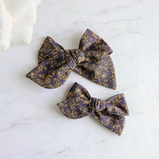 Handtied Fabric Bow - Navy Sweet Blooms