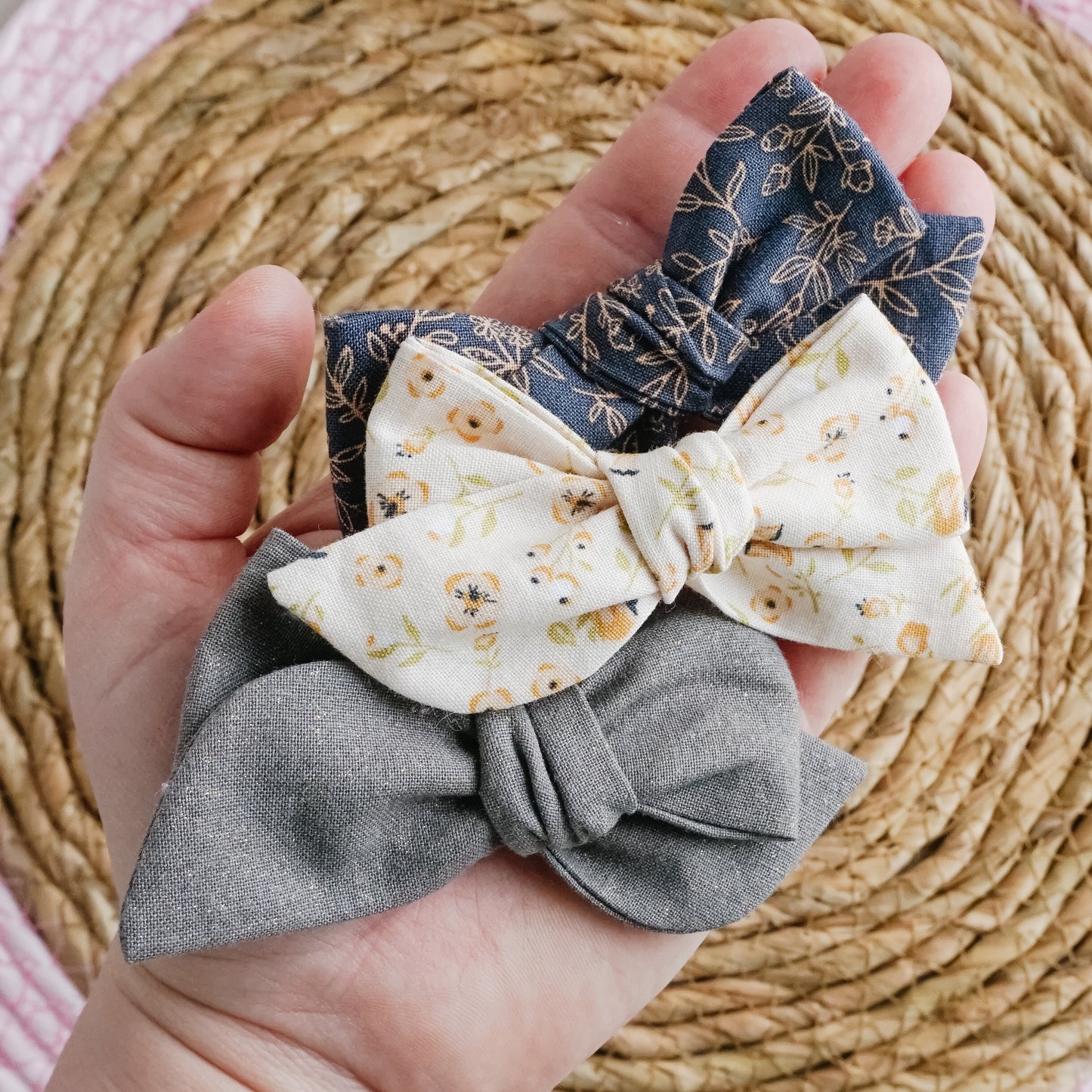 Handtied Fabric Bow - Navy Sweet Blooms