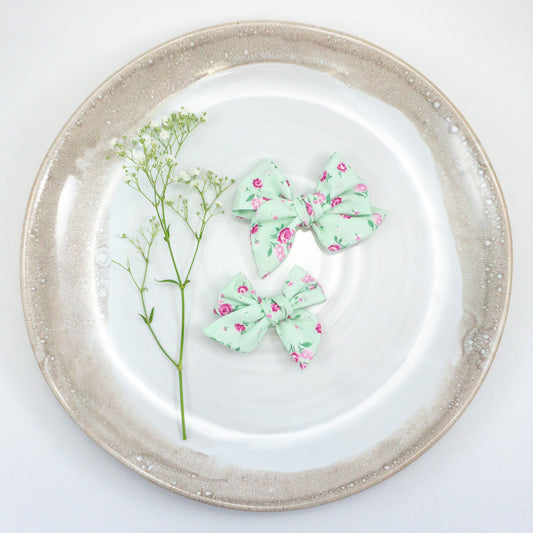 Handtied Fabric Bow - Minty Roses