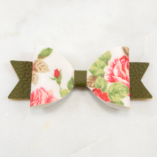 Lavish Faux Leather Bow - White Rose Textured Floral