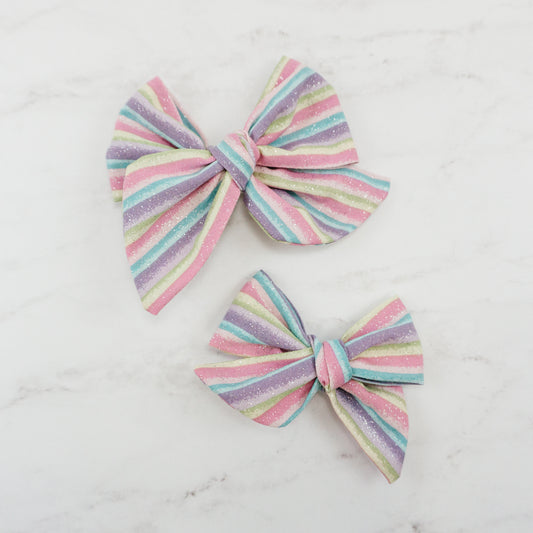 Handtied Fabric Bow - Bright and Sparkly Stripe