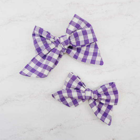 Handtied Fabric Bow - Purple Gingham