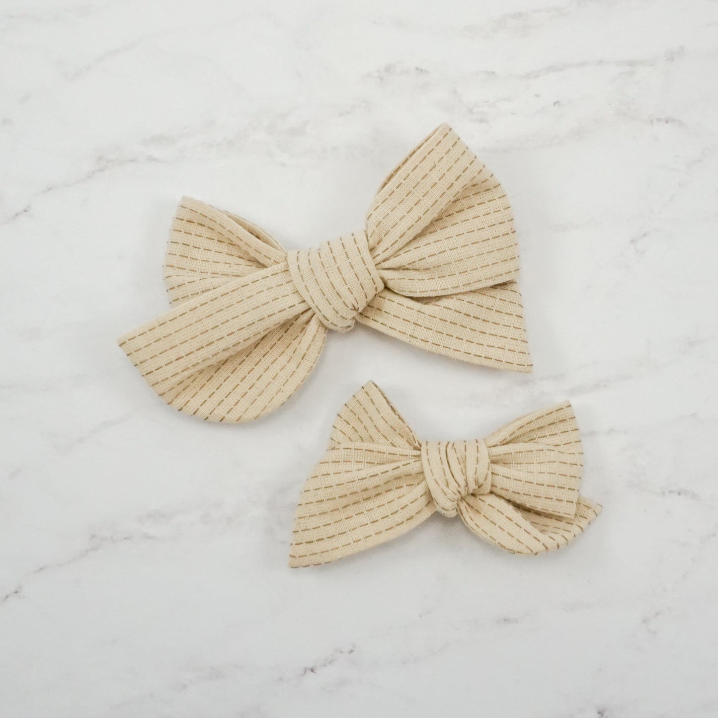 Handtied Fabric Bow - Cream Topstitch Embroidered