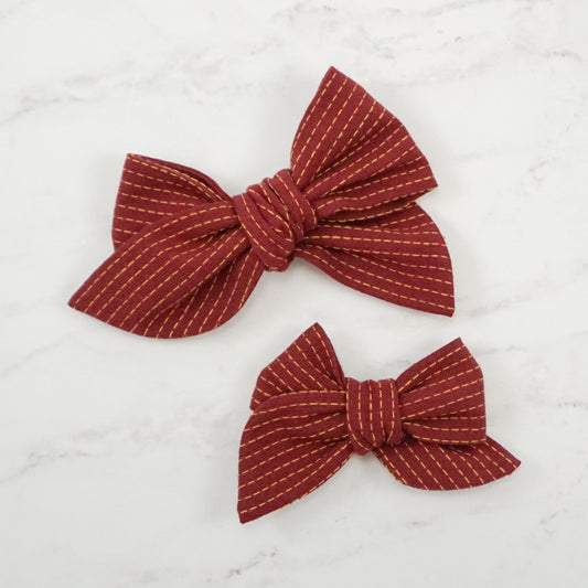 Handtied Fabric Bow - Wine Topstitch Embroidered