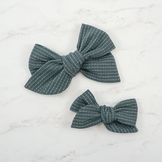 Handtied Fabric Bow - Blue Suede Topstitch Embroidered