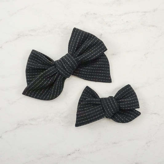 Handtied Fabric Bow - Ebony Topstitch Embroidered
