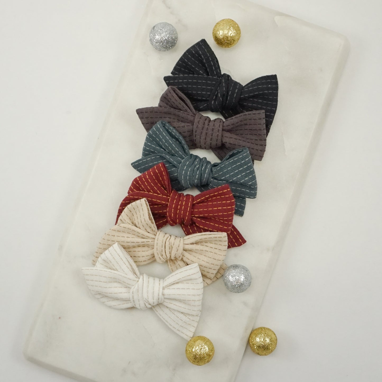 Handtied Fabric Bow - White Topstitch Embroidered